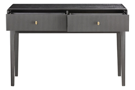 Brown and grey wood veneer dressing table featuring two ribbed drawers with gold knobs, supported by sleek, straight legs.