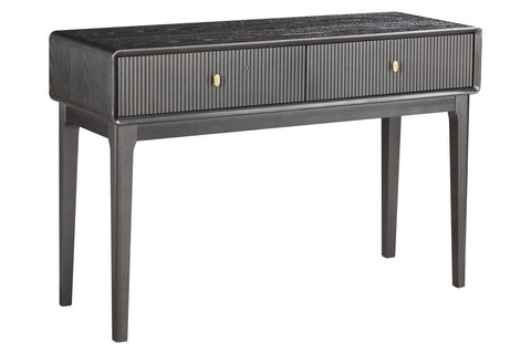 Brown and grey wood veneer dressing table featuring two ribbed drawers with gold-tone knobs, supported by sleek, tapered legs.