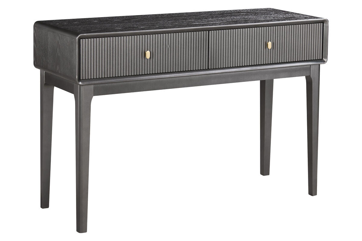 Brown and grey wood veneer dressing table featuring two ribbed drawers with gold-tone knobs, supported by sleek, tapered legs.