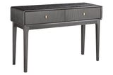 Brown and grey wood veneer dressing table featuring two ribbed drawers with gold-tone knobs, supported by sleek, tapered legs.