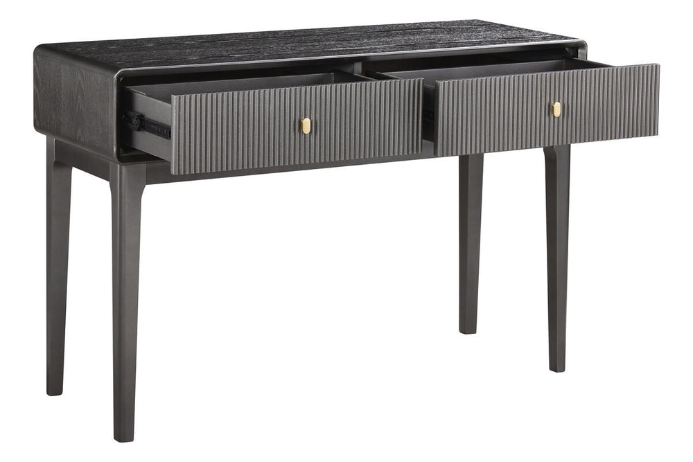 Brown and grey wood veneer dressing table featuring two ribbed drawers with gold knobs, set on sleek, tapered legs.
