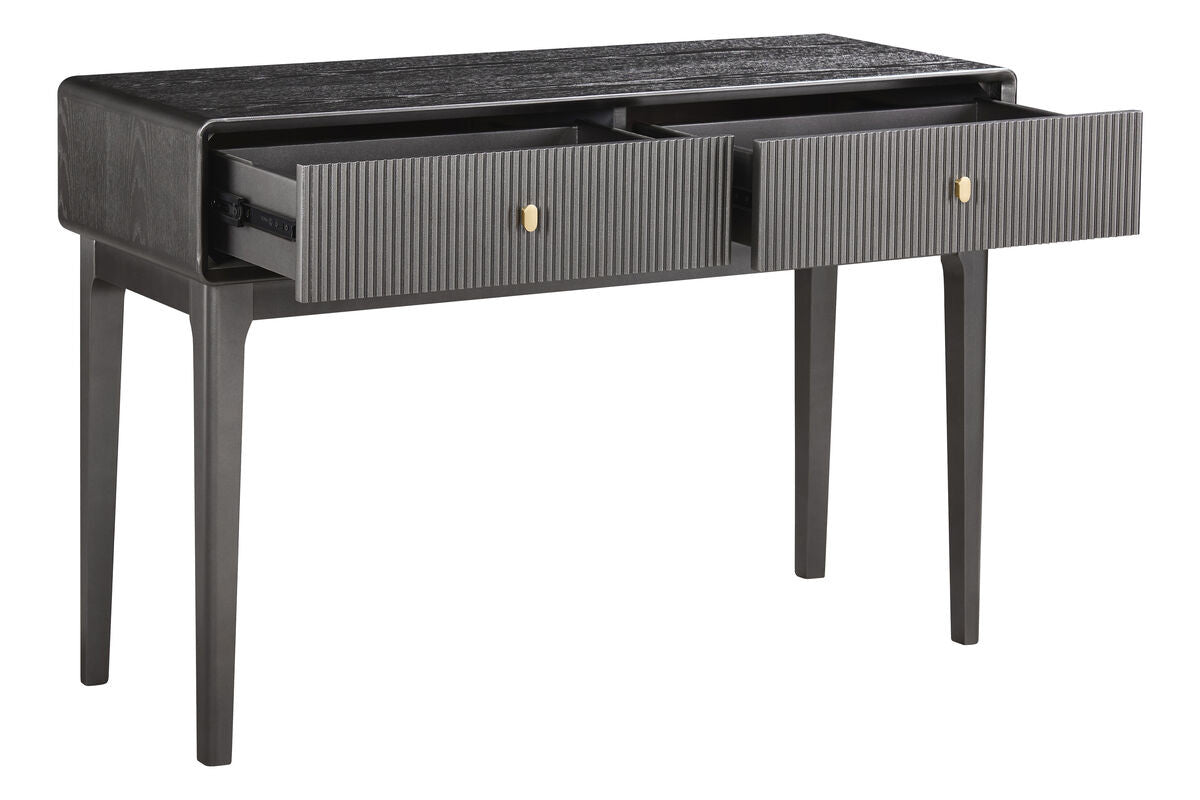 Brown and grey wood veneer dressing table featuring two ribbed drawers with gold knobs, set on sleek, tapered legs.
