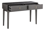 Brown and grey wood veneer dressing table featuring two ribbed drawers with gold knobs, set on sleek, tapered legs.
