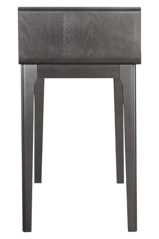 Brown and grey wood veneer dressing table featuring two drawers, sleek design with a smooth surface, and sturdy legs.