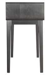Brown and grey wood veneer dressing table featuring two drawers, sleek design with a smooth surface, and sturdy legs.