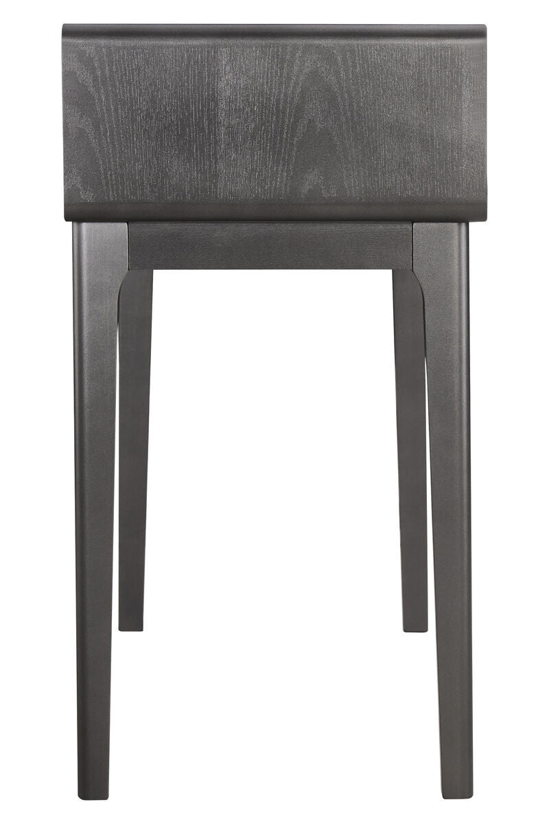 Brown and grey wood veneer dressing table featuring two drawers, sleek design with a smooth surface, and sturdy legs.