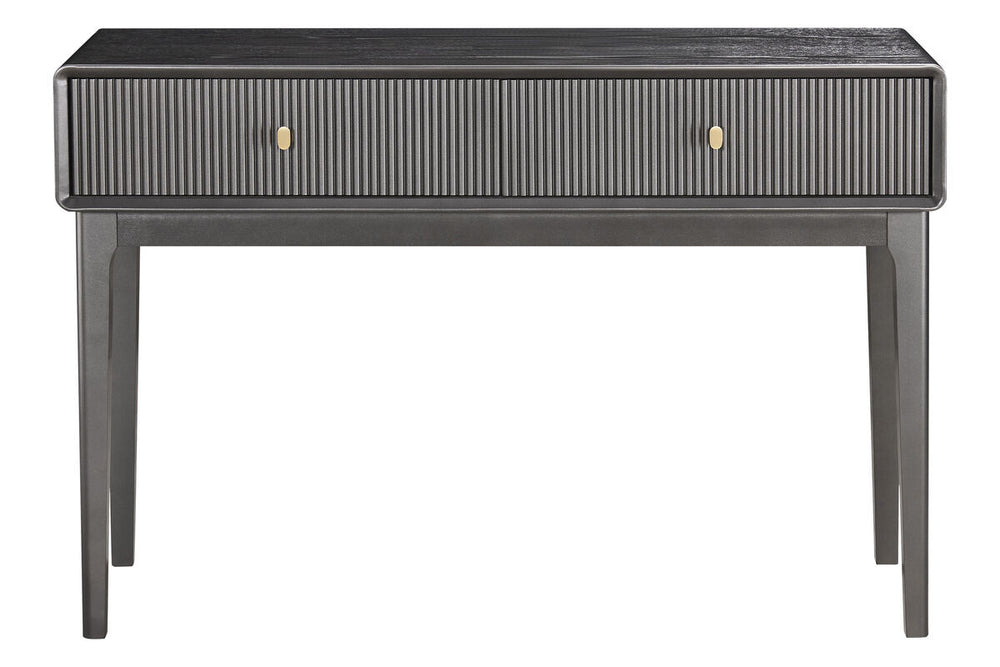 Brown and grey wood veneer dressing table featuring two ribbed drawers with gold-colored handles.