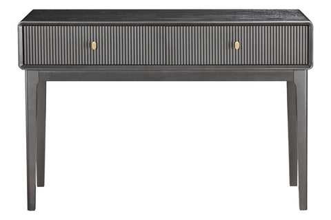 Brown and grey wood veneer dressing table featuring two ribbed drawers with gold-colored handles.