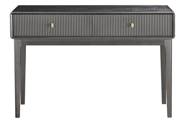 Brown and grey wood veneer dressing table featuring two ribbed drawers with gold-colored handles.