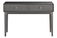 Brown and grey wood veneer dressing table featuring two ribbed drawers with gold-colored handles.