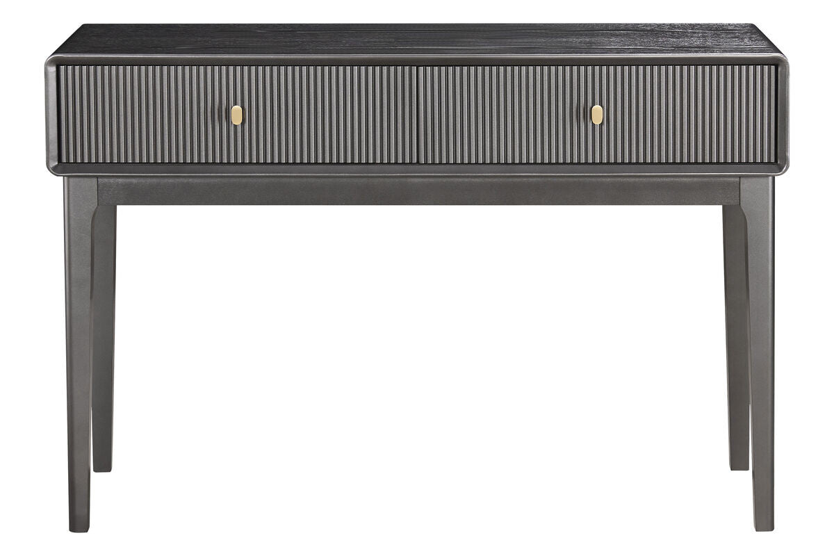 Brown and grey wood veneer dressing table featuring two ribbed drawers with gold-colored handles.