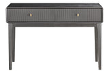 Brown and grey wood veneer dressing table featuring two ribbed drawers with gold-colored handles.