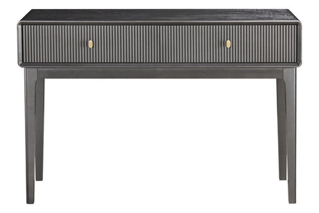 Brown and grey wood veneer dressing table featuring two ribbed drawers with gold-colored handles.