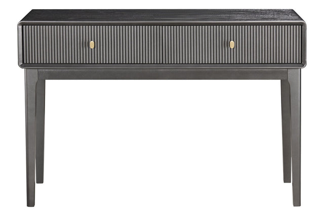 Brown and grey wood veneer dressing table featuring two ribbed drawers with gold-colored handles.