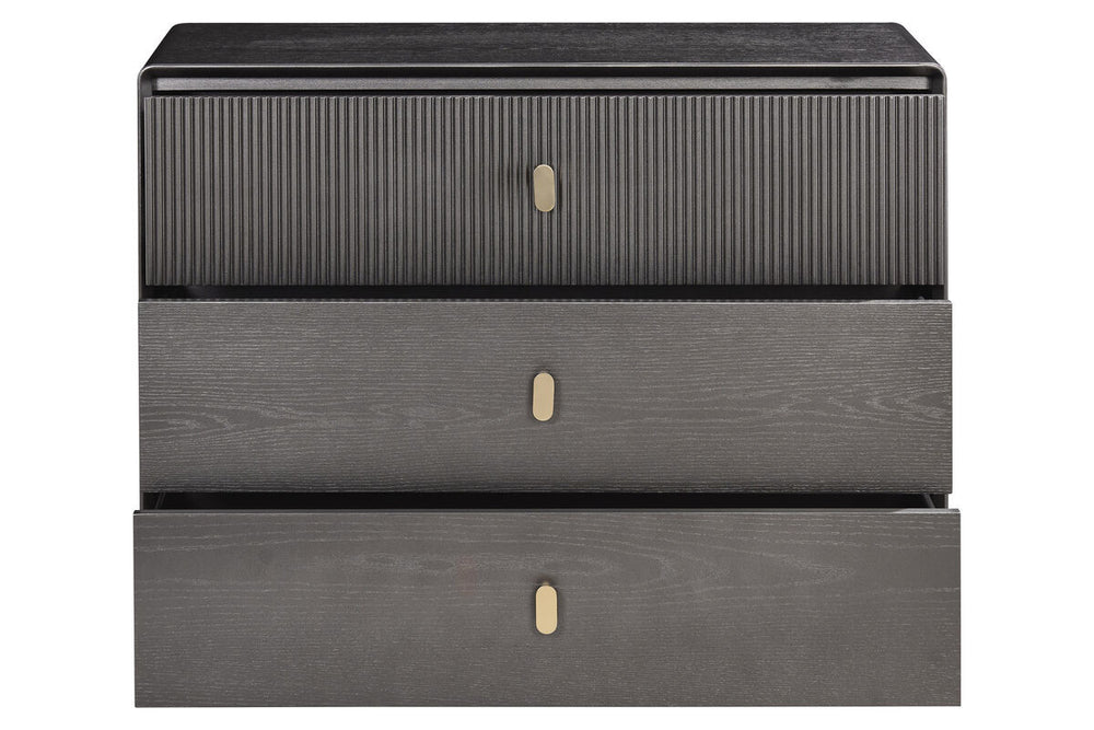 Three-drawer chest featuring a sleek brown-grey wood veneer finish. The top drawer has a ribbed texture, while the two lower drawers have a smooth surface.