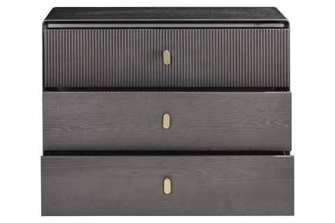 Three-drawer chest featuring a sleek brown-grey wood veneer finish. The top drawer has a ribbed texture, while the two lower drawers have a smooth surface.