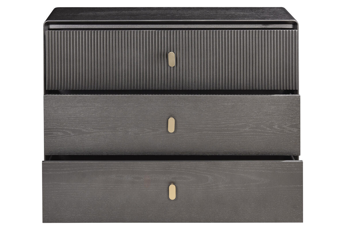 Three-drawer chest featuring a sleek brown-grey wood veneer finish. The top drawer has a ribbed texture, while the two lower drawers have a smooth surface.