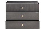 Three-drawer chest featuring a sleek brown-grey wood veneer finish. The top drawer has a ribbed texture, while the two lower drawers have a smooth surface.