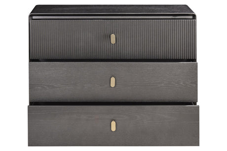 Three-drawer chest featuring a sleek brown-grey wood veneer finish. The top drawer has a ribbed texture, while the two lower drawers have a smooth surface.