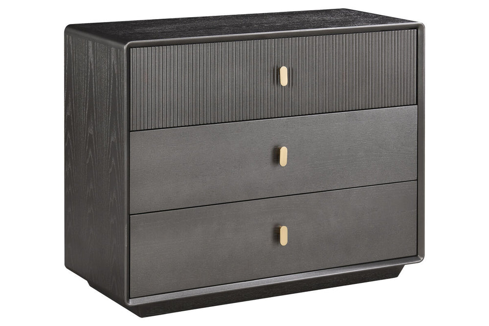 Three-drawer chest featuring a sleek brown-grey wood veneer finish, with a textured ribbed design on the top drawer.
