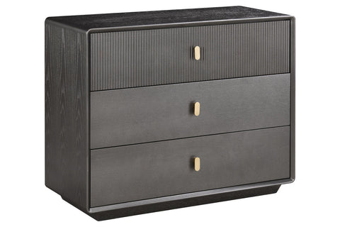 Three-drawer chest featuring a sleek brown-grey wood veneer finish, with a textured ribbed design on the top drawer.
