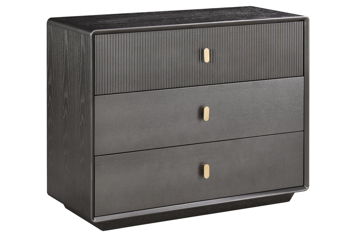 Three-drawer chest featuring a sleek brown-grey wood veneer finish, with a textured ribbed design on the top drawer.