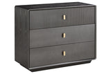Three-drawer chest featuring a sleek brown-grey wood veneer finish, with a textured ribbed design on the top drawer.