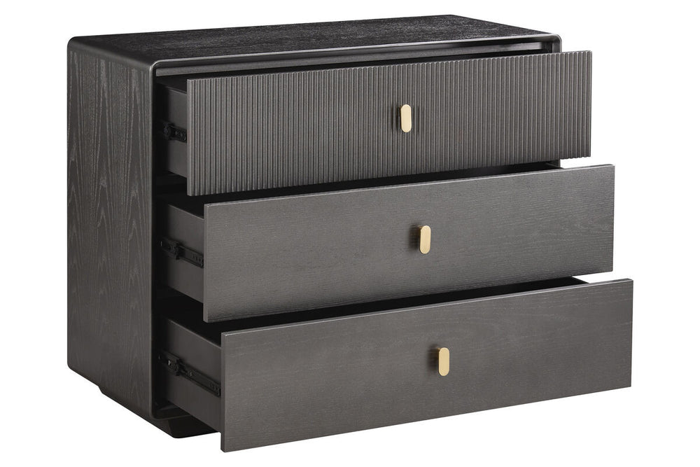 Three-drawer chest featuring a brown-grey wood veneer finish with a textured top.