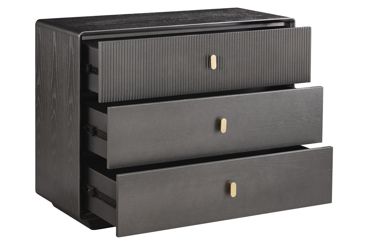 Three-drawer chest featuring a brown-grey wood veneer finish with a textured top.