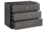Three-drawer chest featuring a brown-grey wood veneer finish with a textured top.