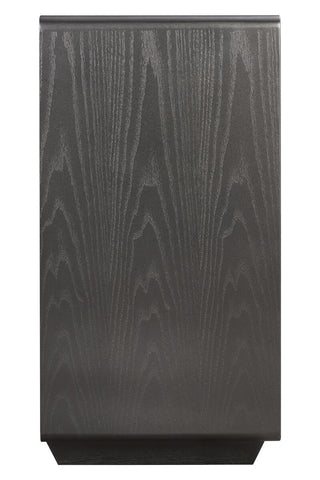 Brown and grey wood veneer three-drawer chest featuring a sleek, modern design with a smooth finish. The chest showcases a textured wood grain pattern, adding depth and character.