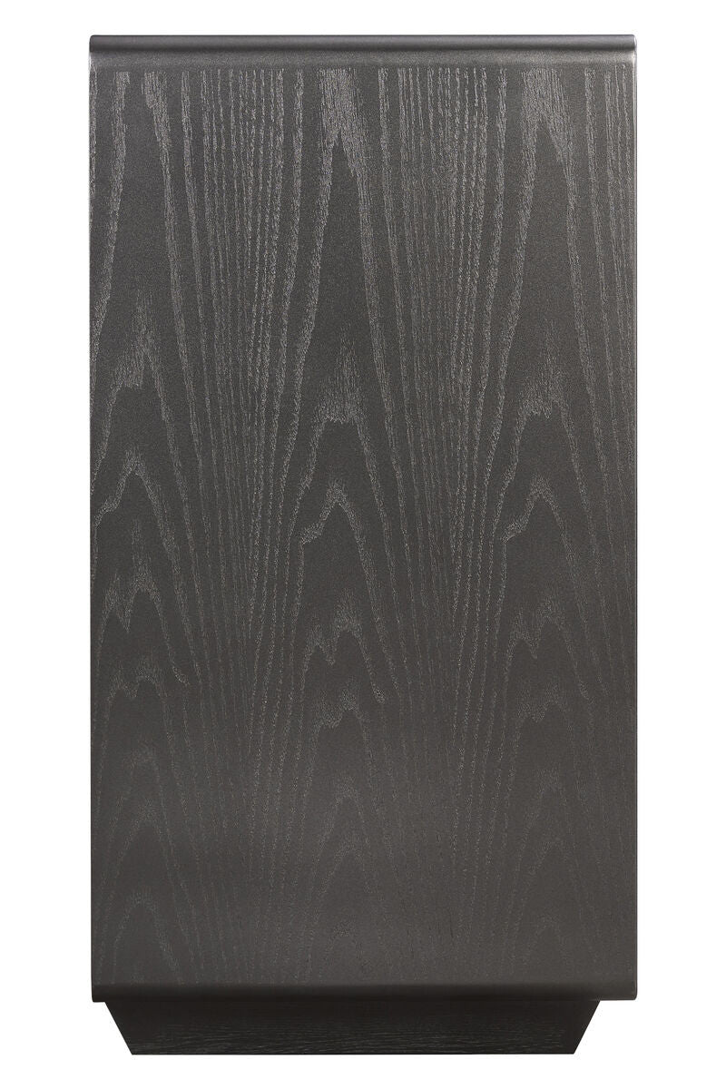 Brown and grey wood veneer three-drawer chest featuring a sleek, modern design with a smooth finish. The chest showcases a textured wood grain pattern, adding depth and character.