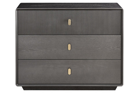 Three-drawer chest featuring a sleek brown-grey wood veneer finish, with a textured ribbed design on the top drawer.