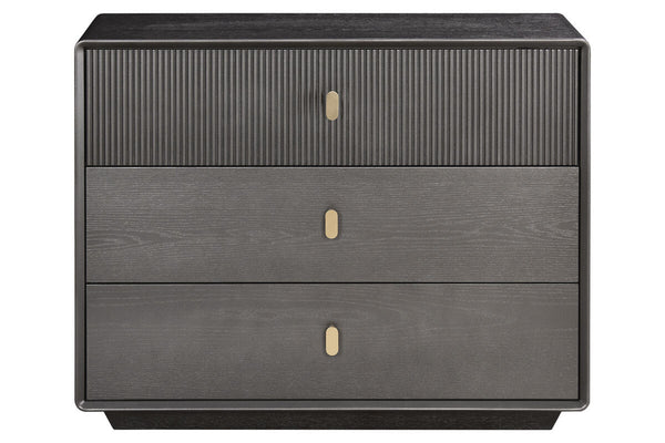 Three-drawer chest featuring a sleek brown-grey wood veneer finish, with a textured ribbed design on the top drawer.