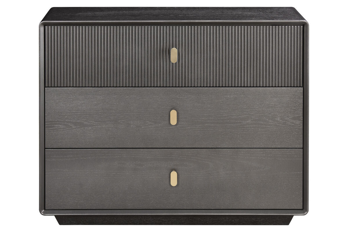 Three-drawer chest featuring a sleek brown-grey wood veneer finish, with a textured ribbed design on the top drawer.