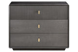 Three-drawer chest featuring a sleek brown-grey wood veneer finish, with a textured ribbed design on the top drawer.