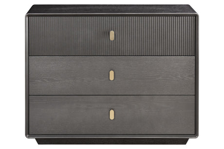 Three-drawer chest featuring a sleek brown-grey wood veneer finish, with a textured ribbed design on the top drawer.