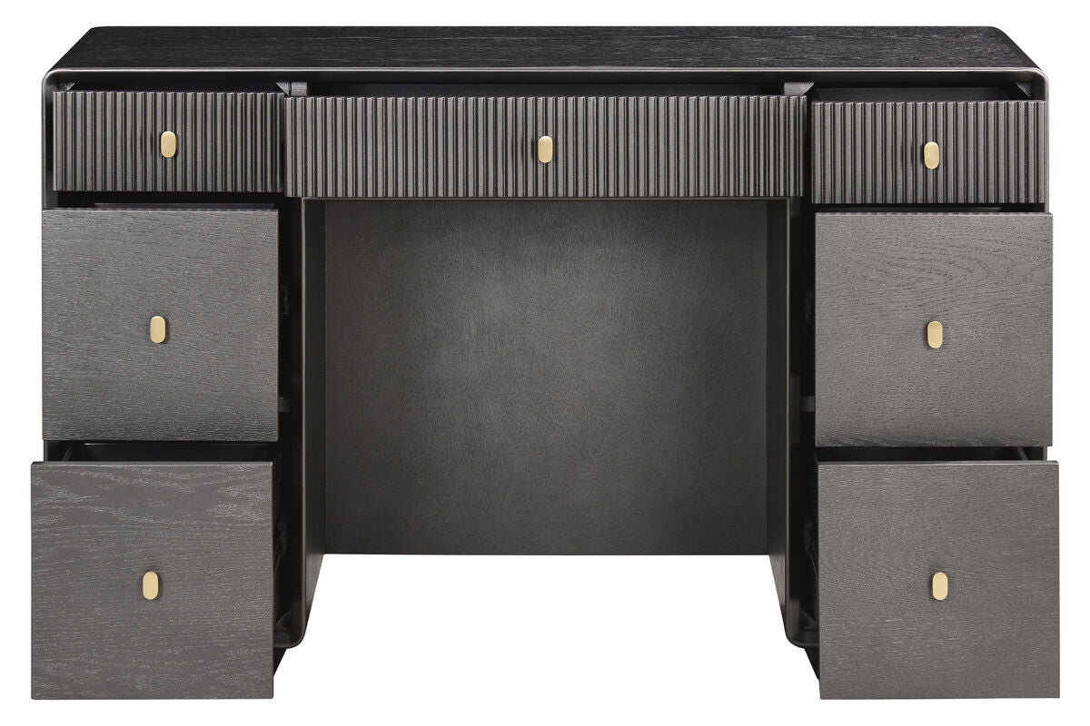 Brown and grey wood veneer dressing table featuring seven drawers with a mix of smooth and ribbed textures.