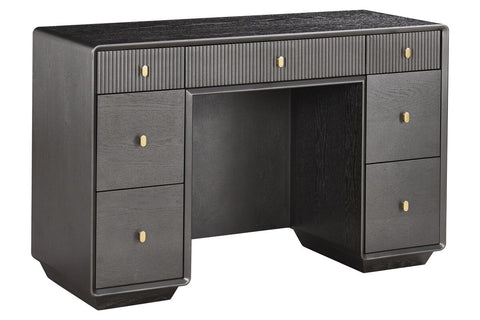 Brown and grey wood veneer dressing table featuring seven drawers with ribbed detailing on the top drawer.
