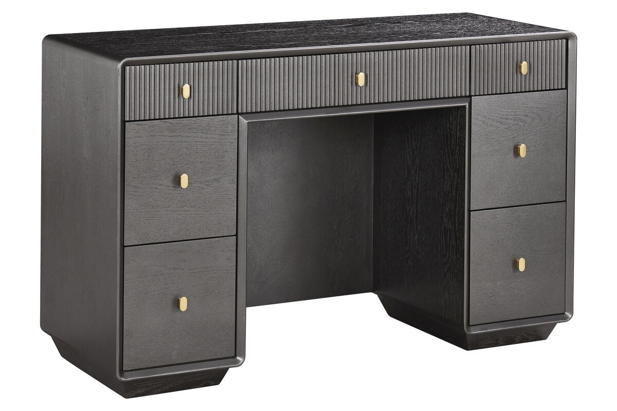 Brown and grey wood veneer dressing table featuring seven drawers with ribbed detailing on the top drawer.