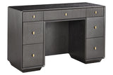 Brown and grey wood veneer dressing table featuring seven drawers with ribbed detailing on the top drawer.