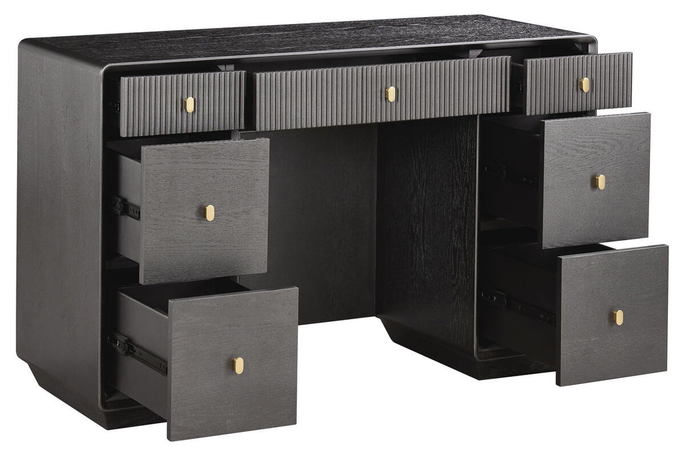 Brown and grey wood veneer dressing table featuring seven drawers with ribbed fronts and gold knobs.