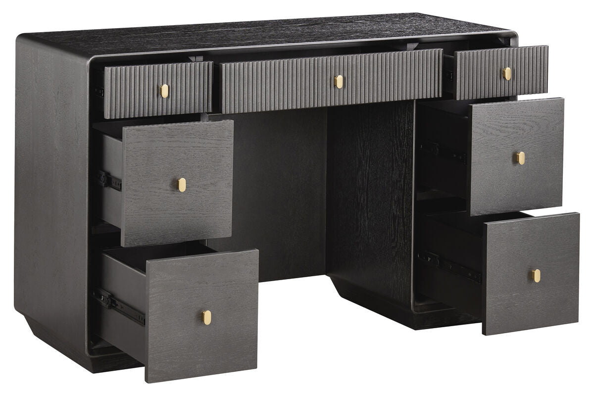 Brown and grey wood veneer dressing table featuring seven drawers with ribbed fronts and gold knobs.