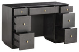 Brown and grey wood veneer dressing table featuring seven drawers with ribbed fronts and gold knobs.
