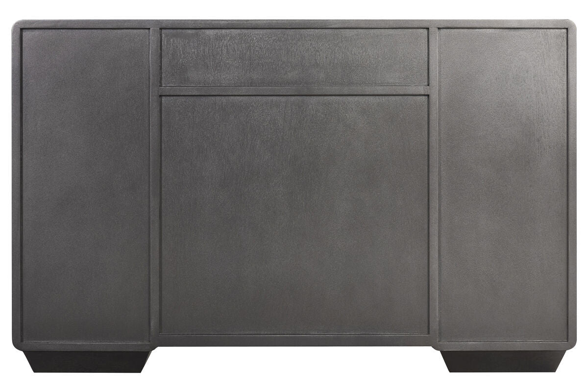 Brown and grey wood veneer dressing table featuring seven drawers, a sleek rectangular design, and a smooth surface.