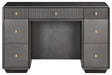 Brown and grey wood veneer dressing table featuring seven drawers with a mix of ribbed and smooth surfaces.