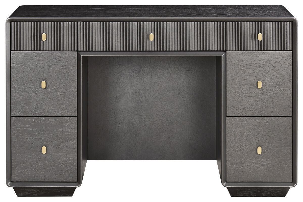 Brown and grey wood veneer dressing table featuring seven drawers with a mix of ribbed and smooth surfaces.