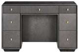 Brown and grey wood veneer dressing table featuring seven drawers with a mix of ribbed and smooth surfaces.