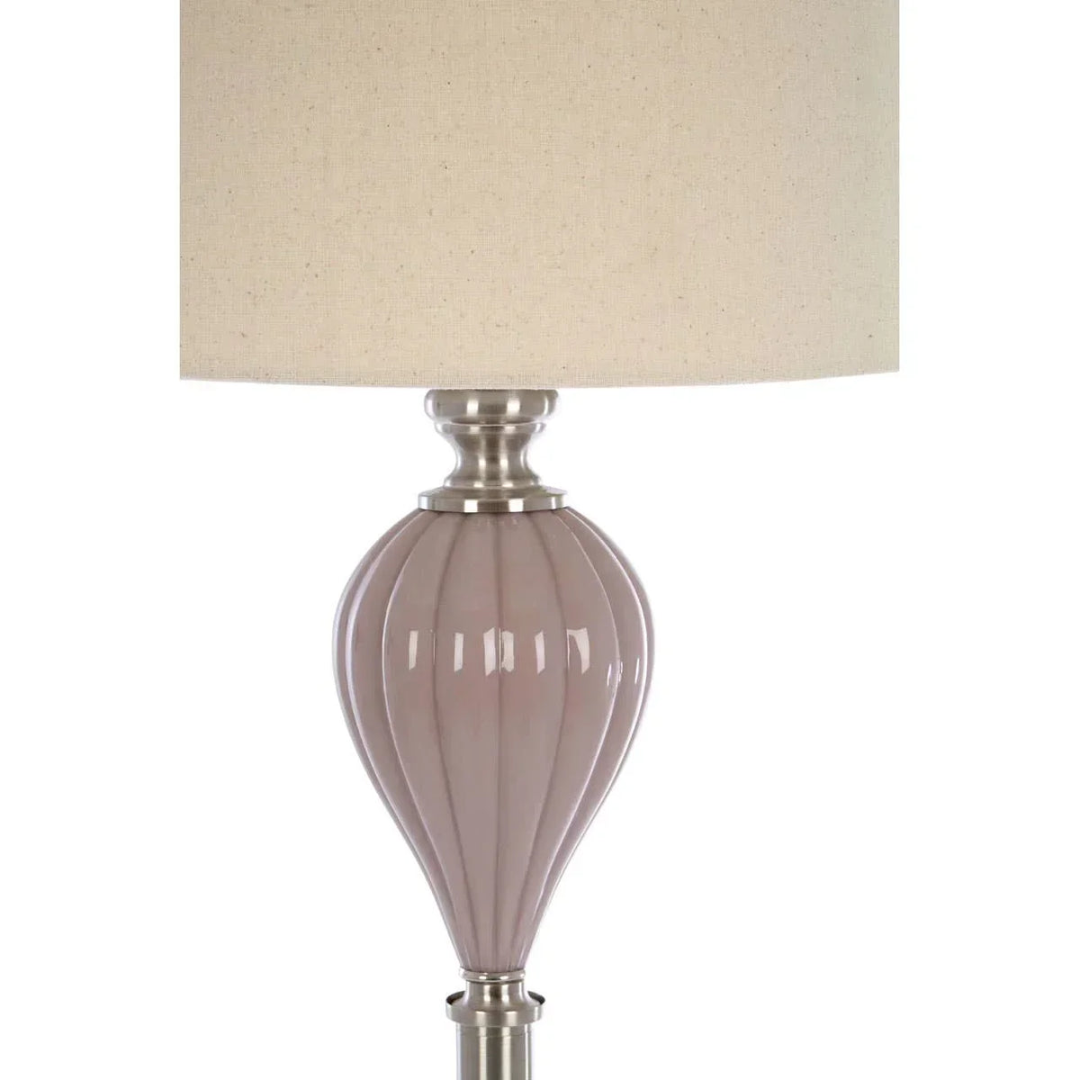 Ceramic table lamp with beige fabric shade and fluted light mauve base