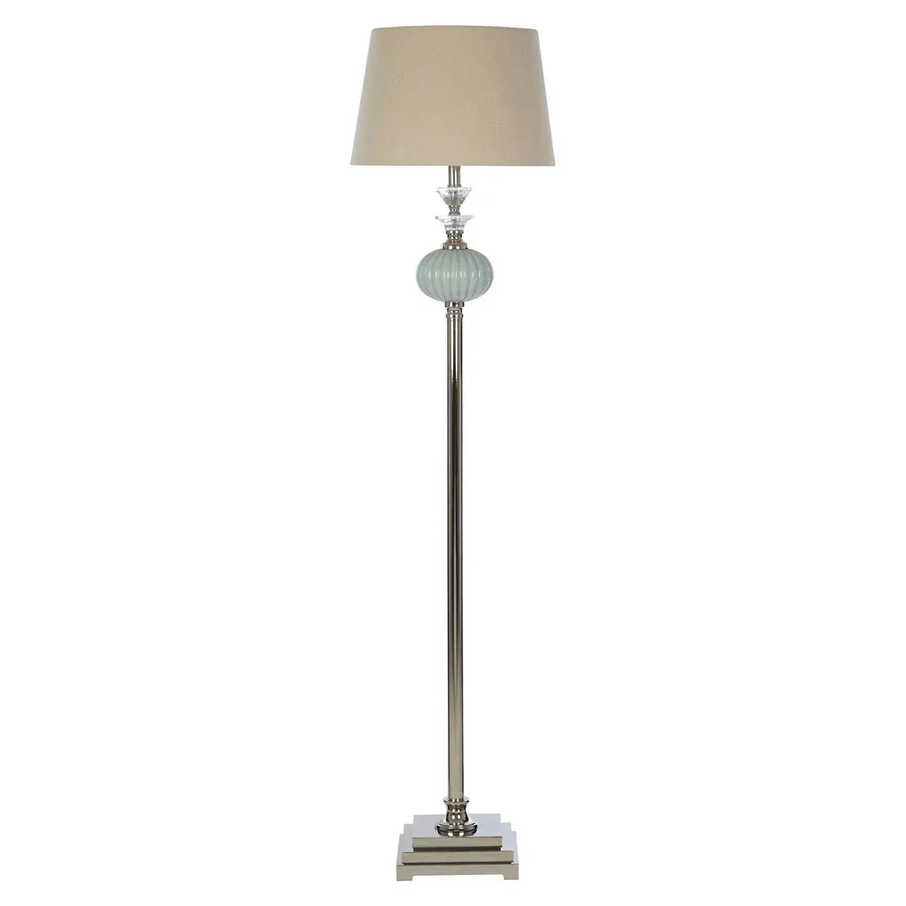 Modern floor lamp with beige fabric shade, chrome base, and glass detail on stem
